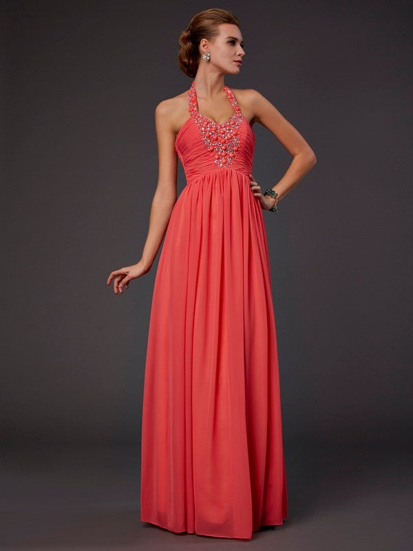 A-Line Chiffon Halter Sleeveless Floor-Length With Beading Dresses